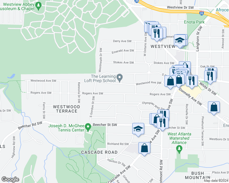 map of restaurants, bars, coffee shops, grocery stores, and more near 1719 Rogers Avenue Southwest in Atlanta