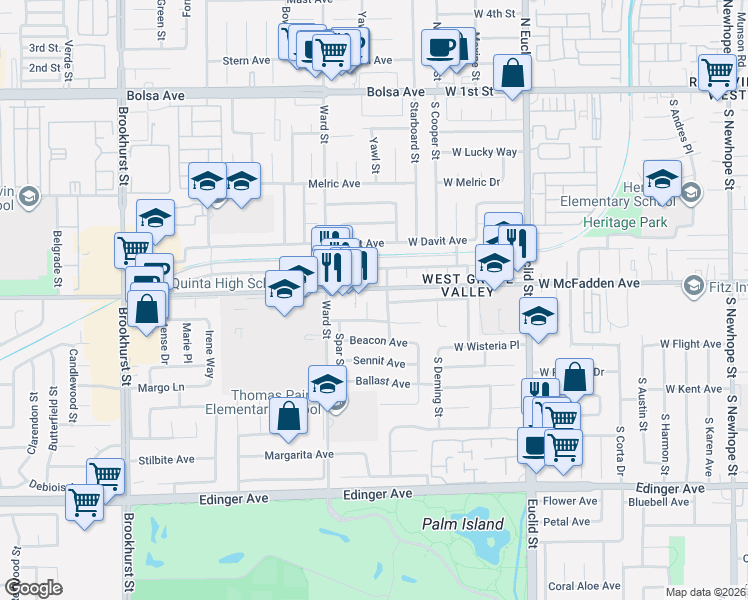 map of restaurants, bars, coffee shops, grocery stores, and more near 706 South Sail Street in Santa Ana