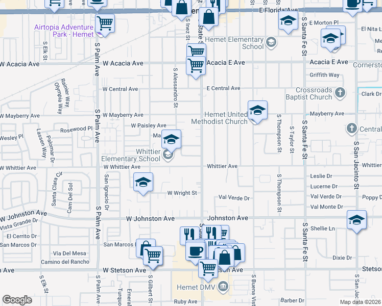 map of restaurants, bars, coffee shops, grocery stores, and more near 130 West Westmont Avenue in Hemet