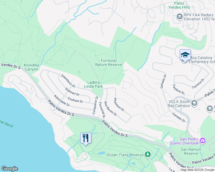 map of restaurants, bars, coffee shops, grocery stores, and more near 3855 Pirate Drive in Rancho Palos Verdes