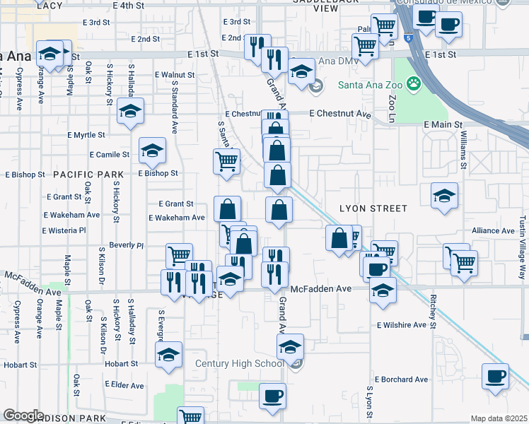 map of restaurants, bars, coffee shops, grocery stores, and more near 1225 East Wakeham Avenue in Santa Ana