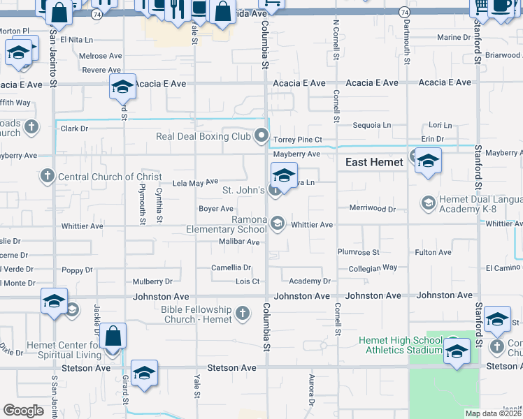 map of restaurants, bars, coffee shops, grocery stores, and more near 26453 Columbia Street in Hemet