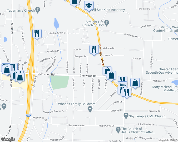 map of restaurants, bars, coffee shops, grocery stores, and more near 1822 Elaine Drive in Decatur