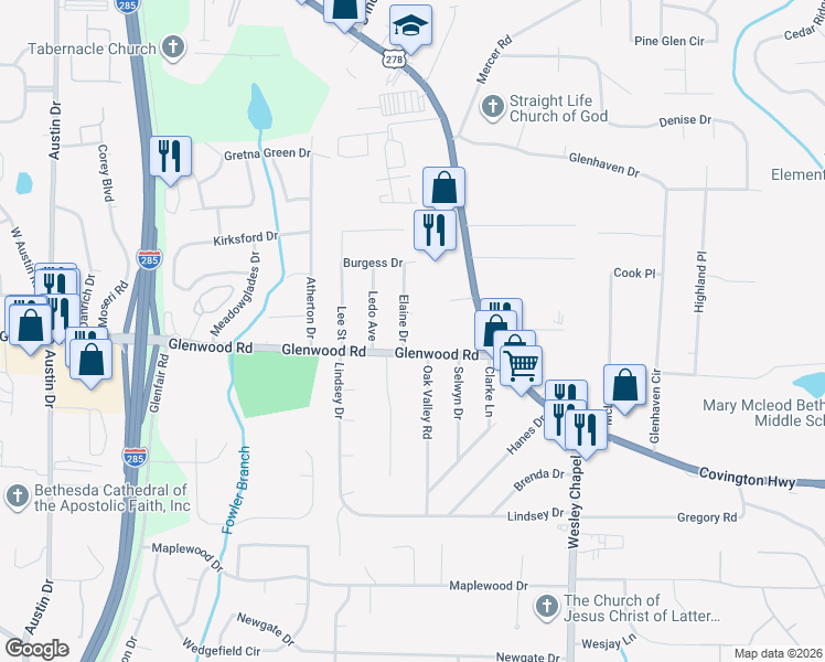 map of restaurants, bars, coffee shops, grocery stores, and more near 1812 Elaine Drive in Decatur