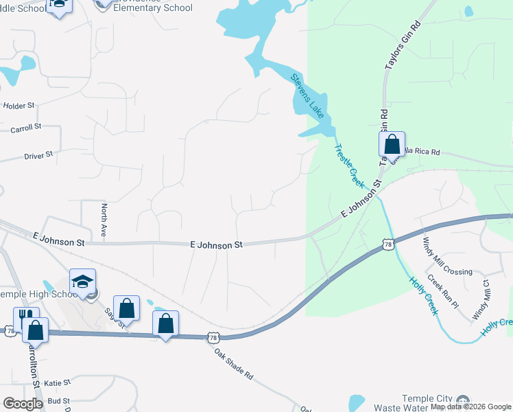 map of restaurants, bars, coffee shops, grocery stores, and more near 512 Rippling Court in Temple