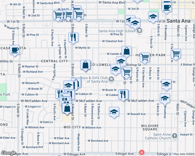 map of restaurants, bars, coffee shops, grocery stores, and more near 705 South Shelton Street in Santa Ana