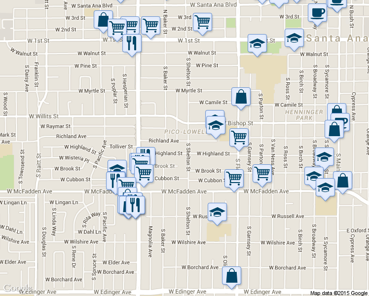 map of restaurants, bars, coffee shops, grocery stores, and more near 705 South Shelton Street in Santa Ana