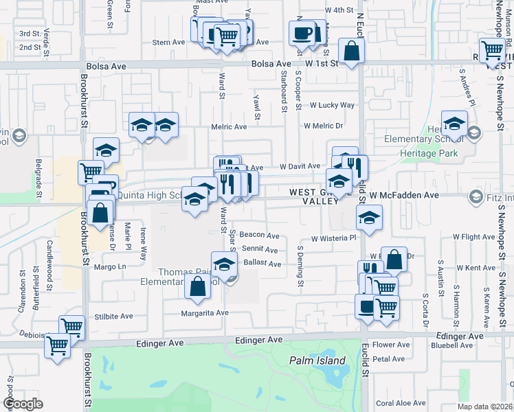 map of restaurants, bars, coffee shops, grocery stores, and more near 706 South Sail Street in Santa Ana