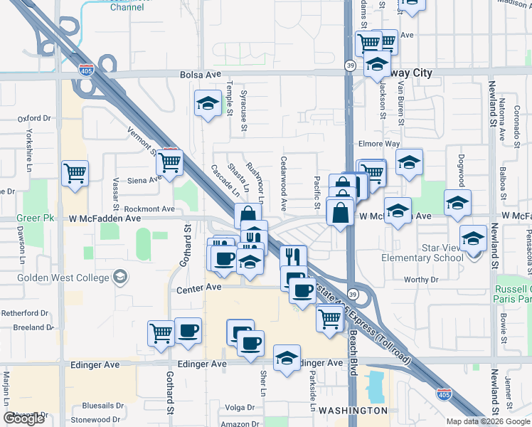 map of restaurants, bars, coffee shops, grocery stores, and more near 15451 Cottonwood Circle in Huntington Beach