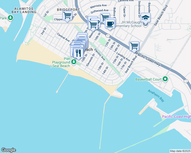 map of restaurants, bars, coffee shops, grocery stores, and more near 10 13th Street in Seal Beach