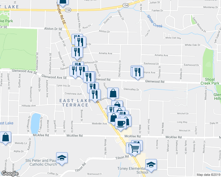 map of restaurants, bars, coffee shops, grocery stores, and more near 1832 Glenhill Place in Decatur