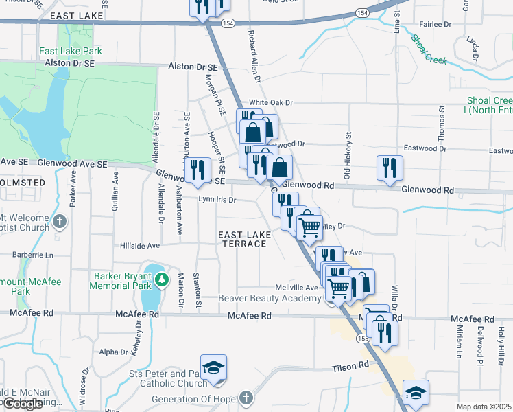 map of restaurants, bars, coffee shops, grocery stores, and more near 2462 Lynn Iris Drive in Decatur
