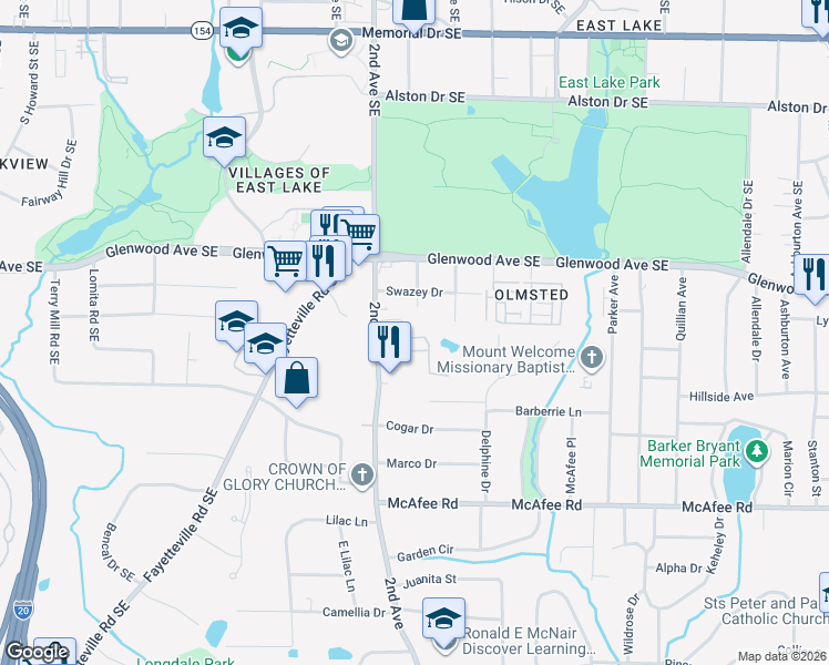 map of restaurants, bars, coffee shops, grocery stores, and more near 2018 Dancing Fox Road in Decatur