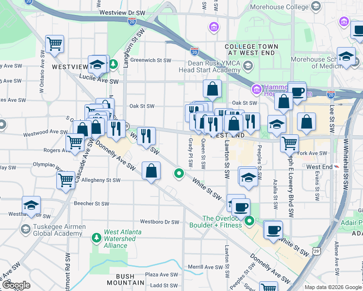 map of restaurants, bars, coffee shops, grocery stores, and more near 630 Holderness Street Southwest in Atlanta