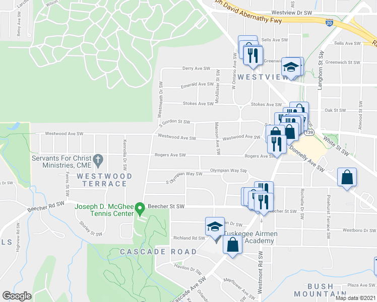 map of restaurants, bars, coffee shops, grocery stores, and more near 1720 Westwood Avenue Southwest in Atlanta