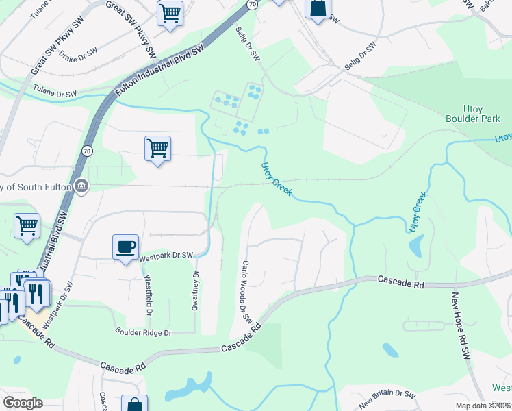 map of restaurants, bars, coffee shops, grocery stores, and more near 1180 Carlo Woods Drive Southwest in Atlanta