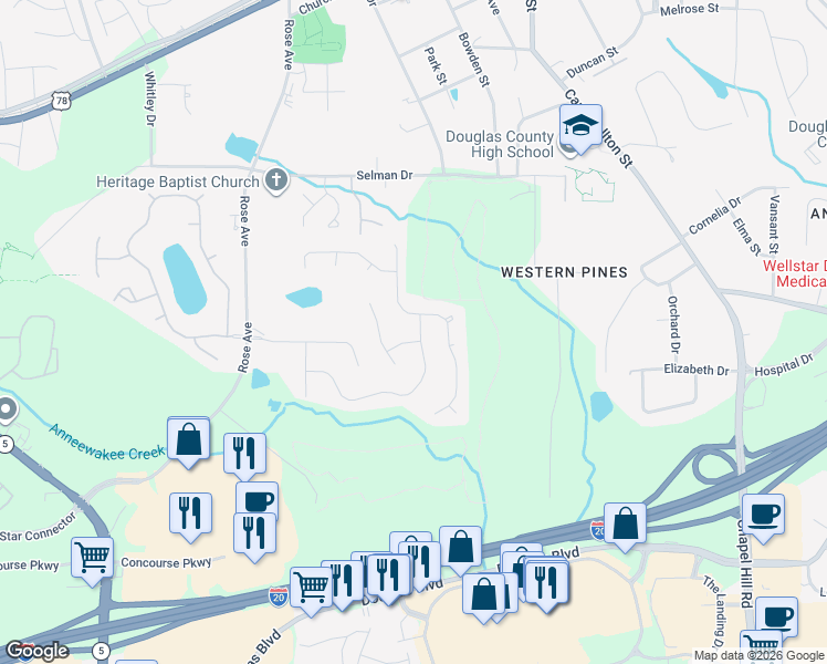 map of restaurants, bars, coffee shops, grocery stores, and more near 6741 Crestbrook Lane in Douglasville
