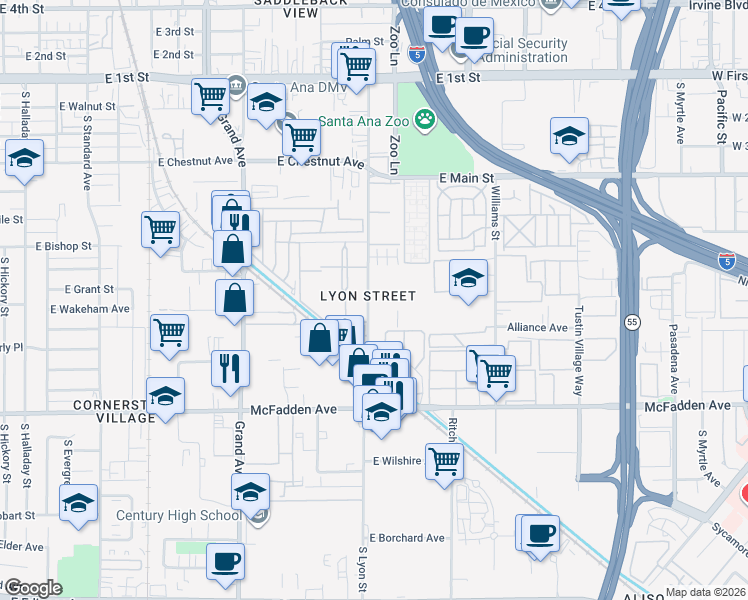 map of restaurants, bars, coffee shops, grocery stores, and more near 801 South Lyon Street in Santa Ana