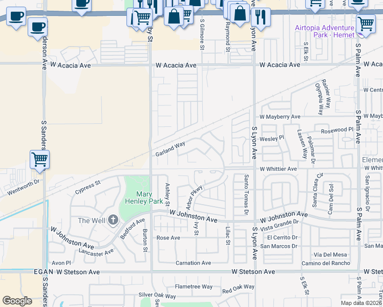 map of restaurants, bars, coffee shops, grocery stores, and more near 2271 Begonia Court in Hemet