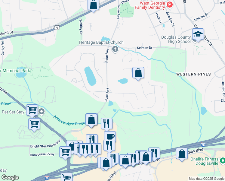 map of restaurants, bars, coffee shops, grocery stores, and more near 8990 Rose Avenue in Douglasville