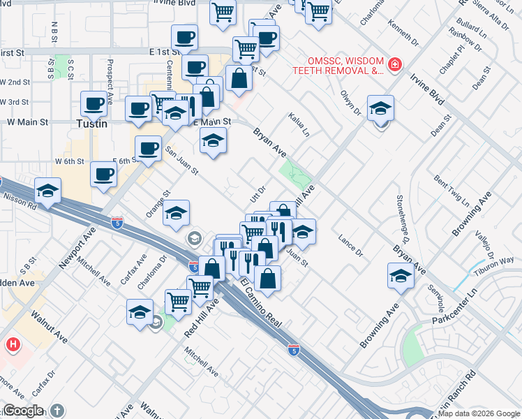 map of restaurants, bars, coffee shops, grocery stores, and more near 13691 Green Valley Drive in Tustin