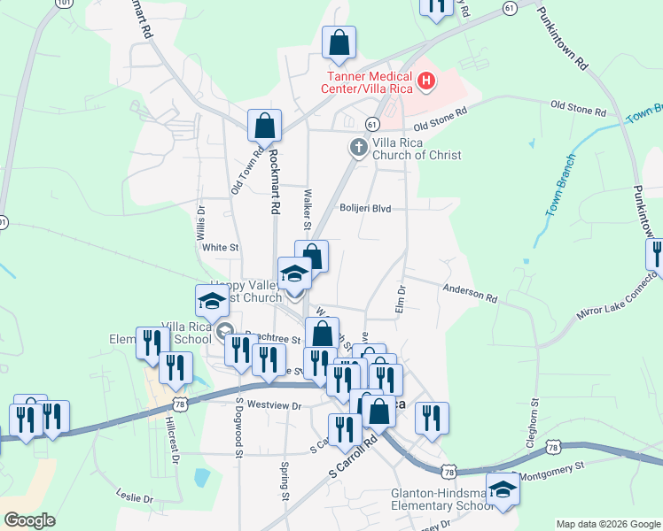 map of restaurants, bars, coffee shops, grocery stores, and more near 330 Sylvan Drive in Villa Rica