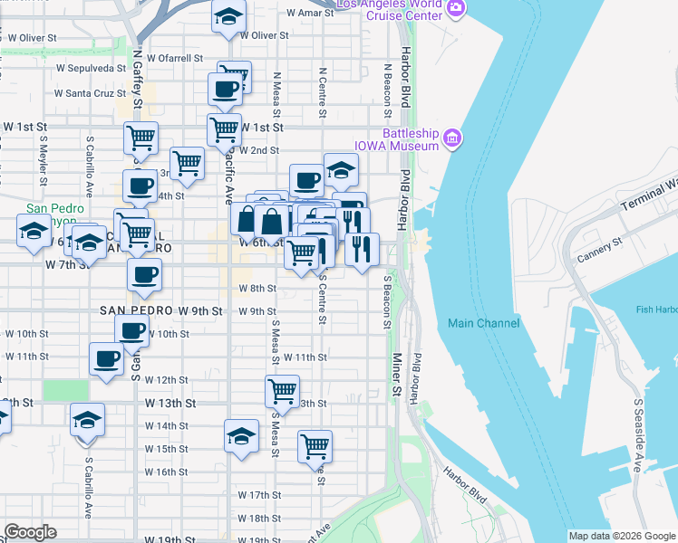 map of restaurants, bars, coffee shops, grocery stores, and more near 255 West 7th Street in Los Angeles