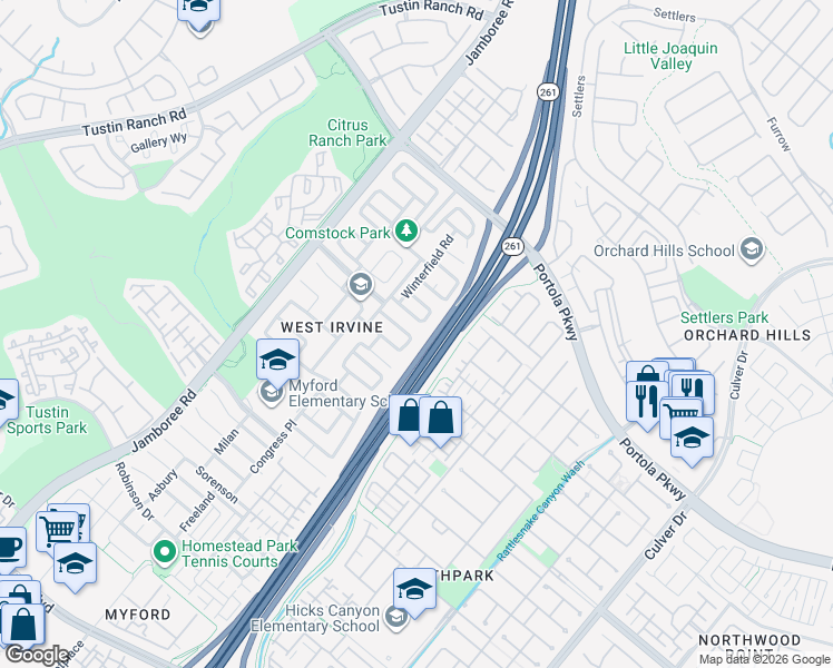 map of restaurants, bars, coffee shops, grocery stores, and more near 23 Red Coat Place in Irvine