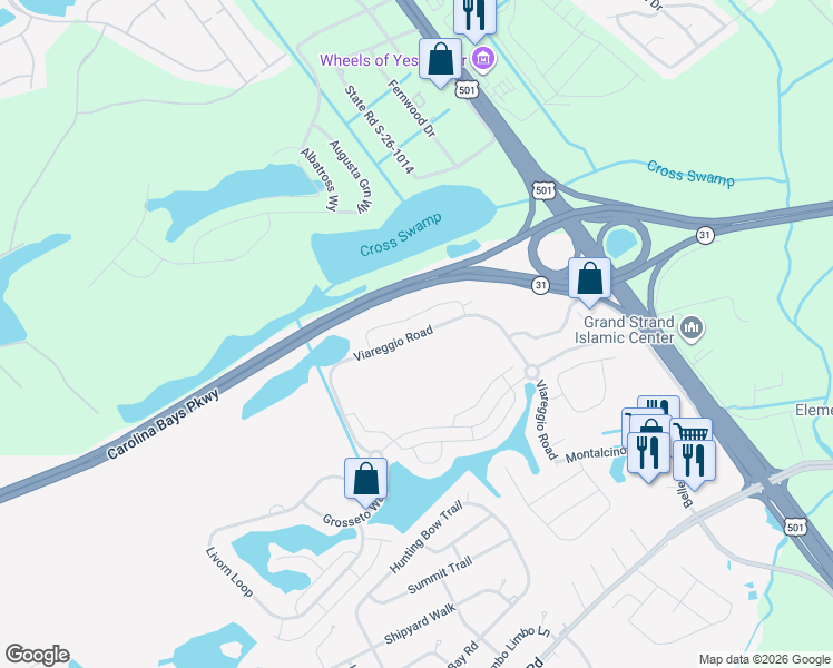 map of restaurants, bars, coffee shops, grocery stores, and more near 126 Viareggio Road in Myrtle Beach