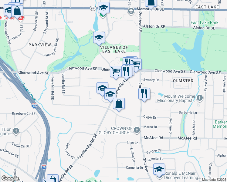map of restaurants, bars, coffee shops, grocery stores, and more near 697 Fayetteville Road Southeast in Atlanta