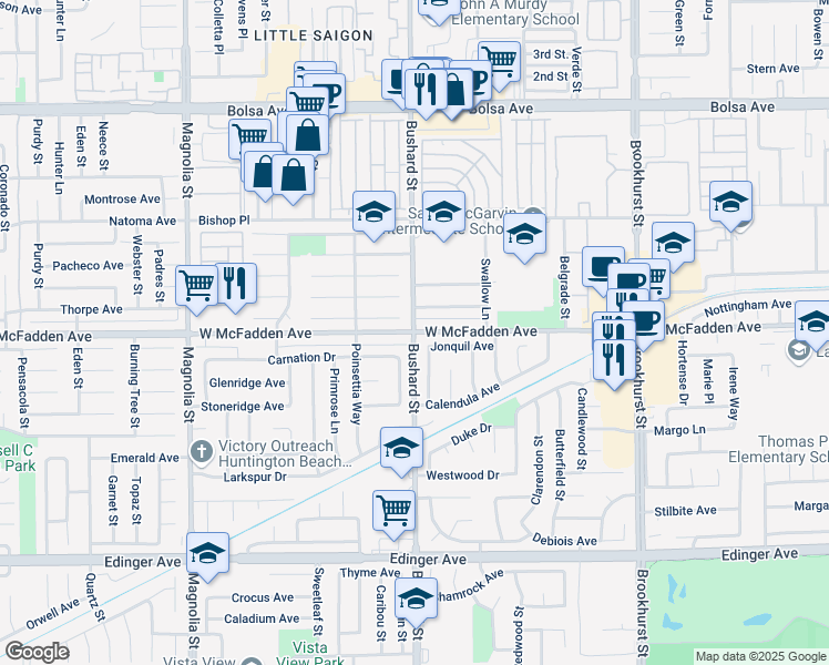 map of restaurants, bars, coffee shops, grocery stores, and more near Bushard St & McFadden Ave in Westminster