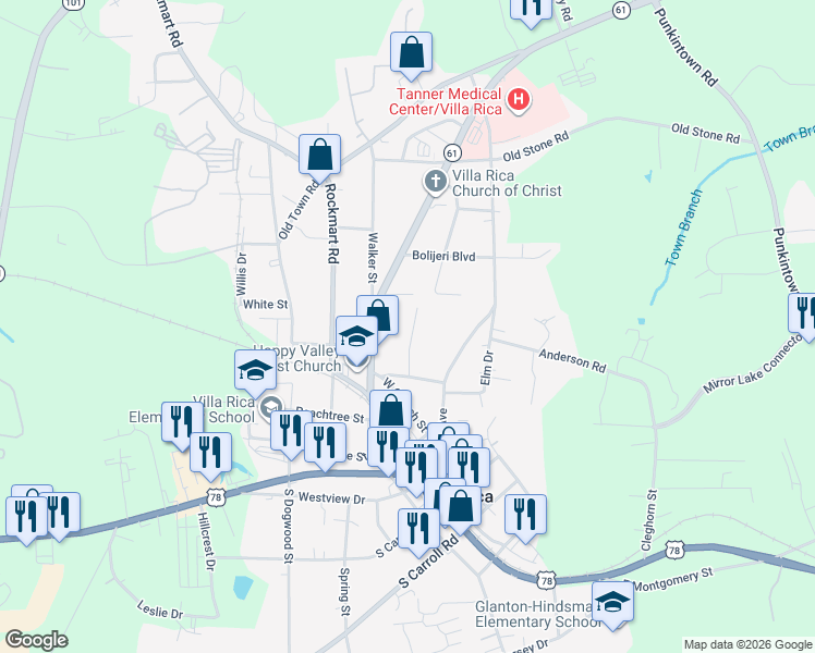 map of restaurants, bars, coffee shops, grocery stores, and more near 330 Sylvan Drive in Villa Rica