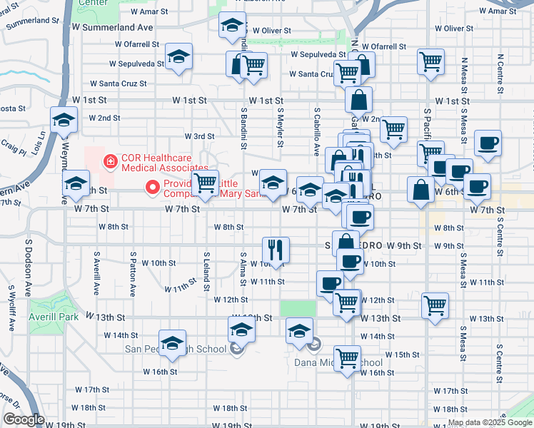 map of restaurants, bars, coffee shops, grocery stores, and more near 933 West 7th Street in Los Angeles