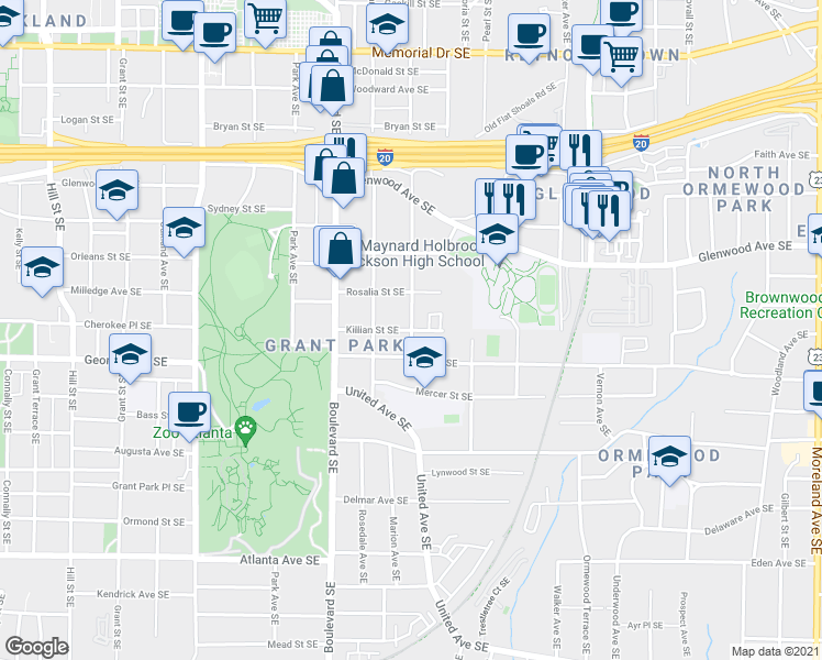 map of restaurants, bars, coffee shops, grocery stores, and more near Cameron St SE & Killian St SE in Atlanta