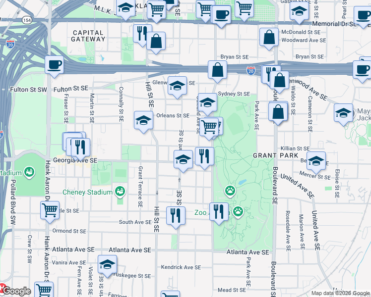 map of restaurants, bars, coffee shops, grocery stores, and more near 351 Cherokee Place Southeast in Atlanta