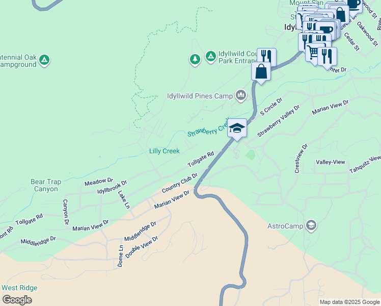 map of restaurants, bars, coffee shops, grocery stores, and more near 53705 Idyllbrook Drive in Idyllwild-Pine Cove