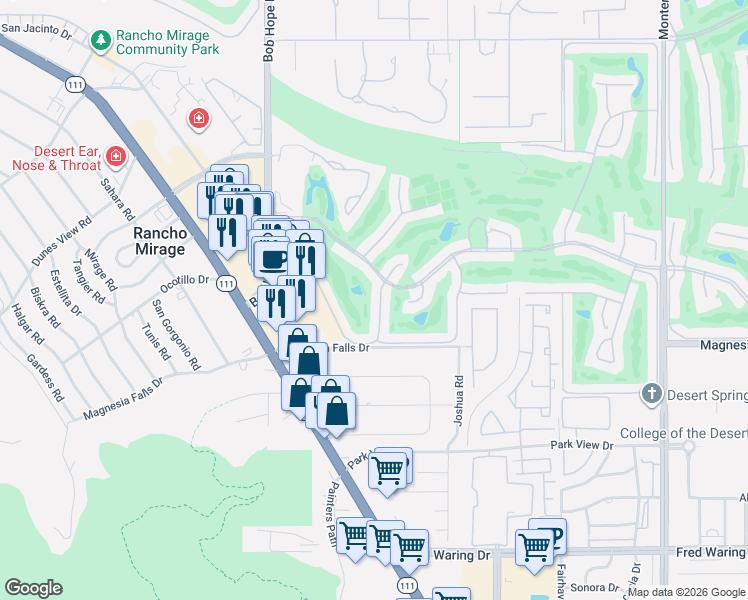 map of restaurants, bars, coffee shops, grocery stores, and more near 11 Calle Encinitas in Rancho Mirage