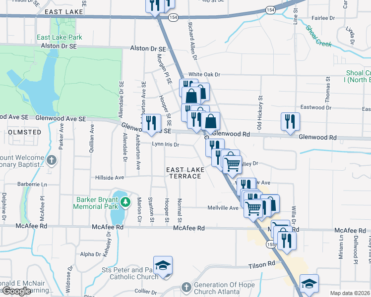 map of restaurants, bars, coffee shops, grocery stores, and more near 2462 Lynn Iris Drive in Decatur