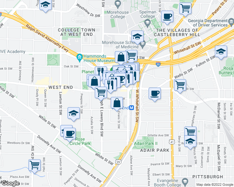 map of restaurants, bars, coffee shops, grocery stores, and more near 633 Evans Street Southwest in Atlanta