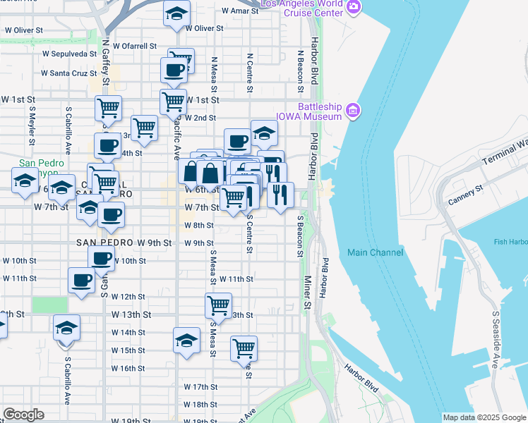 map of restaurants, bars, coffee shops, grocery stores, and more near 255 West 7th Street in Los Angeles