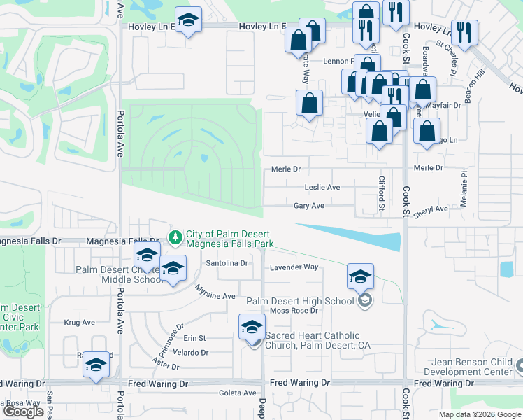 map of restaurants, bars, coffee shops, grocery stores, and more near 74692 Azurite Circle East in Palm Desert