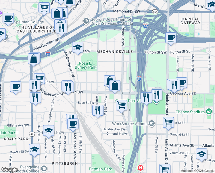 map of restaurants, bars, coffee shops, grocery stores, and more near 300 Glenn Street Southwest in Atlanta