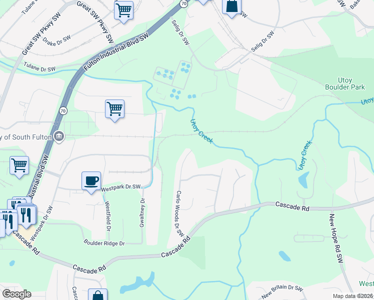 map of restaurants, bars, coffee shops, grocery stores, and more near 1180 Carlo Woods Drive Southwest in Atlanta