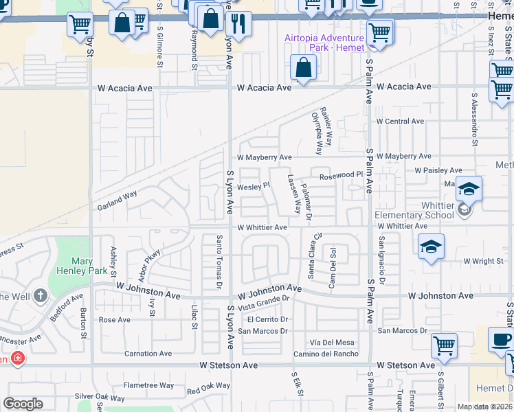 map of restaurants, bars, coffee shops, grocery stores, and more near 1560 Sandlewood Drive in Hemet
