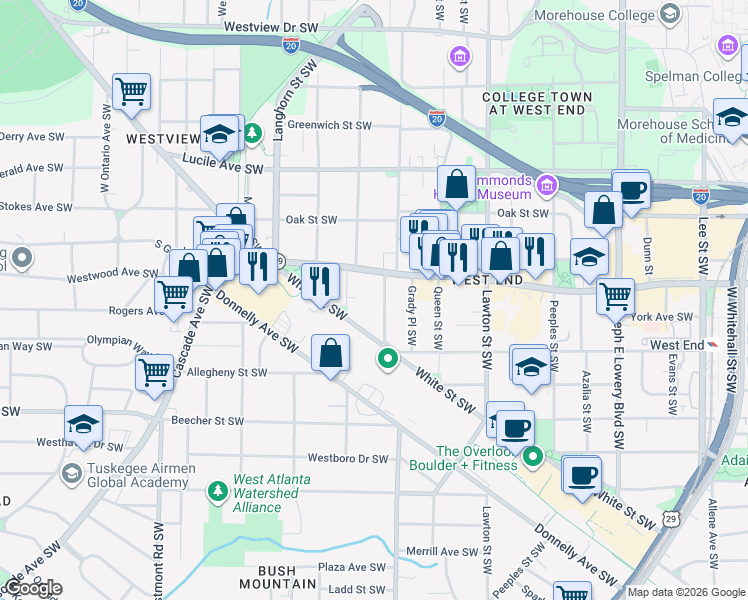 map of restaurants, bars, coffee shops, grocery stores, and more near 630 Holderness Street Southwest in Atlanta
