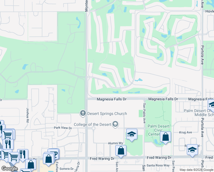 map of restaurants, bars, coffee shops, grocery stores, and more near 171 Gran Via in Palm Desert