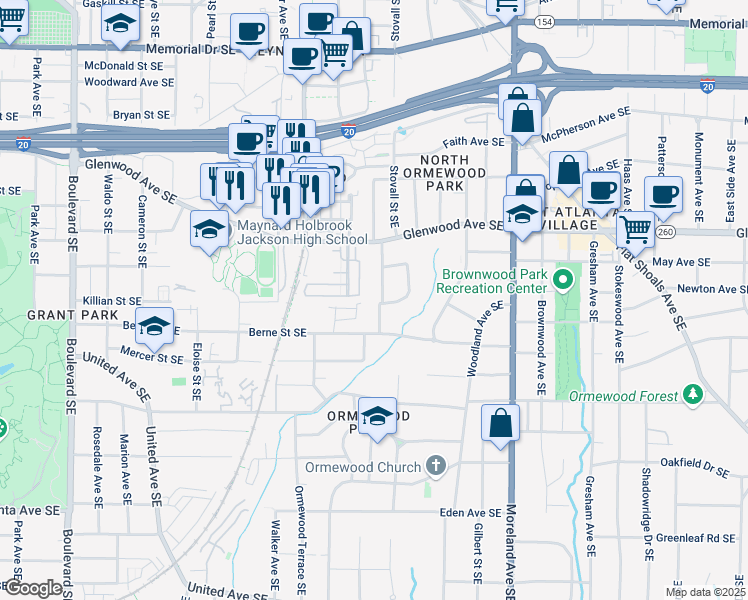 map of restaurants, bars, coffee shops, grocery stores, and more near 591 Glenwood Place Southeast in Atlanta