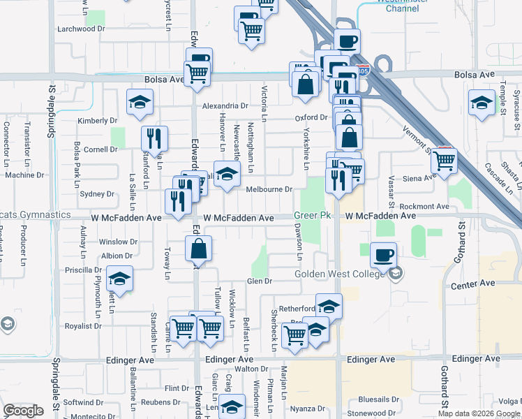 map of restaurants, bars, coffee shops, grocery stores, and more near 15461 Victoria Lane in Huntington Beach
