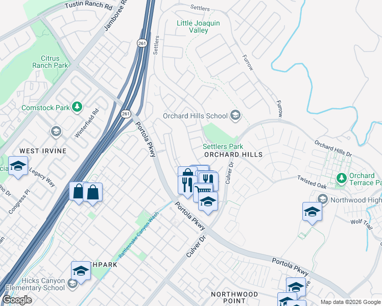 map of restaurants, bars, coffee shops, grocery stores, and more near 95 Sunset Cove in Irvine