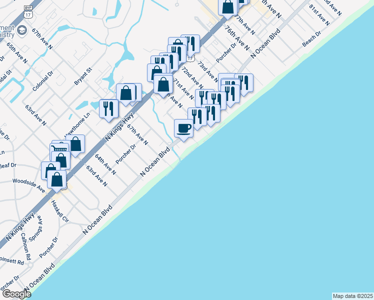 map of restaurants, bars, coffee shops, grocery stores, and more near 6804 North Ocean Boulevard in Myrtle Beach